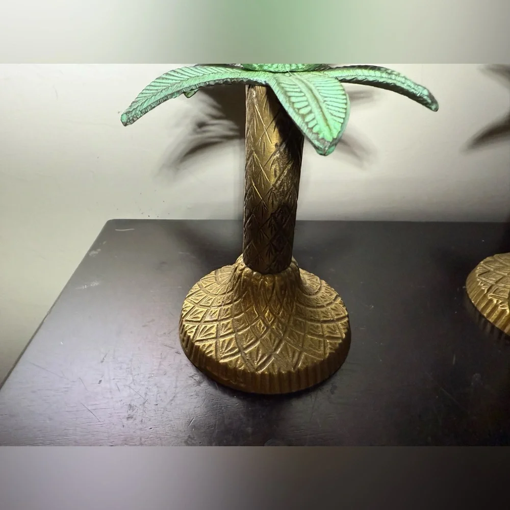 2 Vintage Brass‎ Palm Tree Taper Candle Stick Holders  Tropical Decor 6” H Green